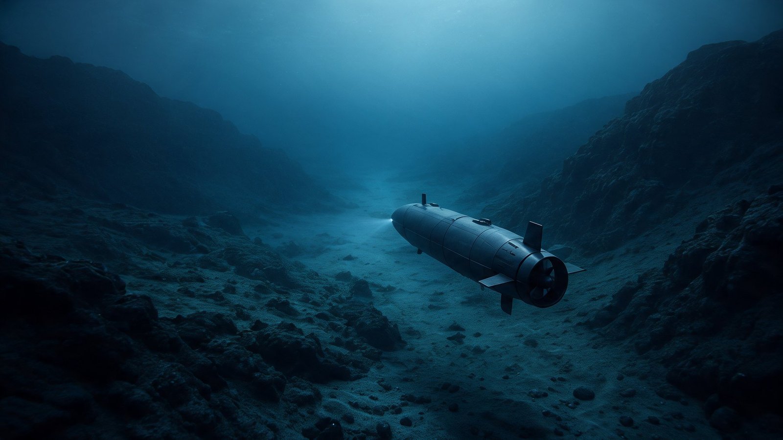 The vehicle running low over a seabed canyon floor, its light picking out the sand ahead.