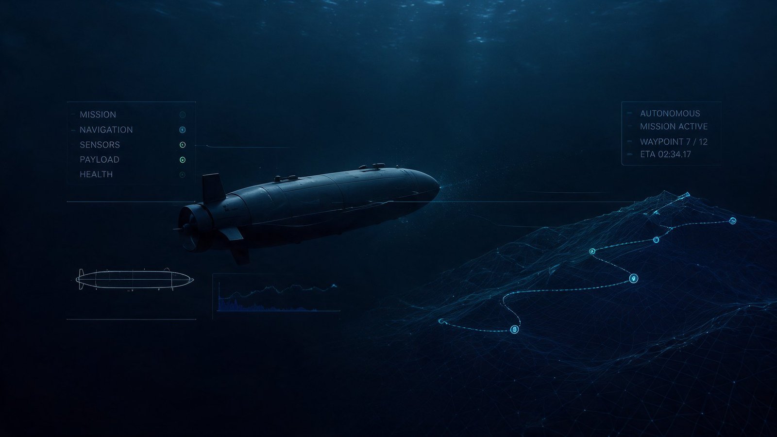 The vehicle against a plotted mission, its route drawn over a wireframe model of the seabed.