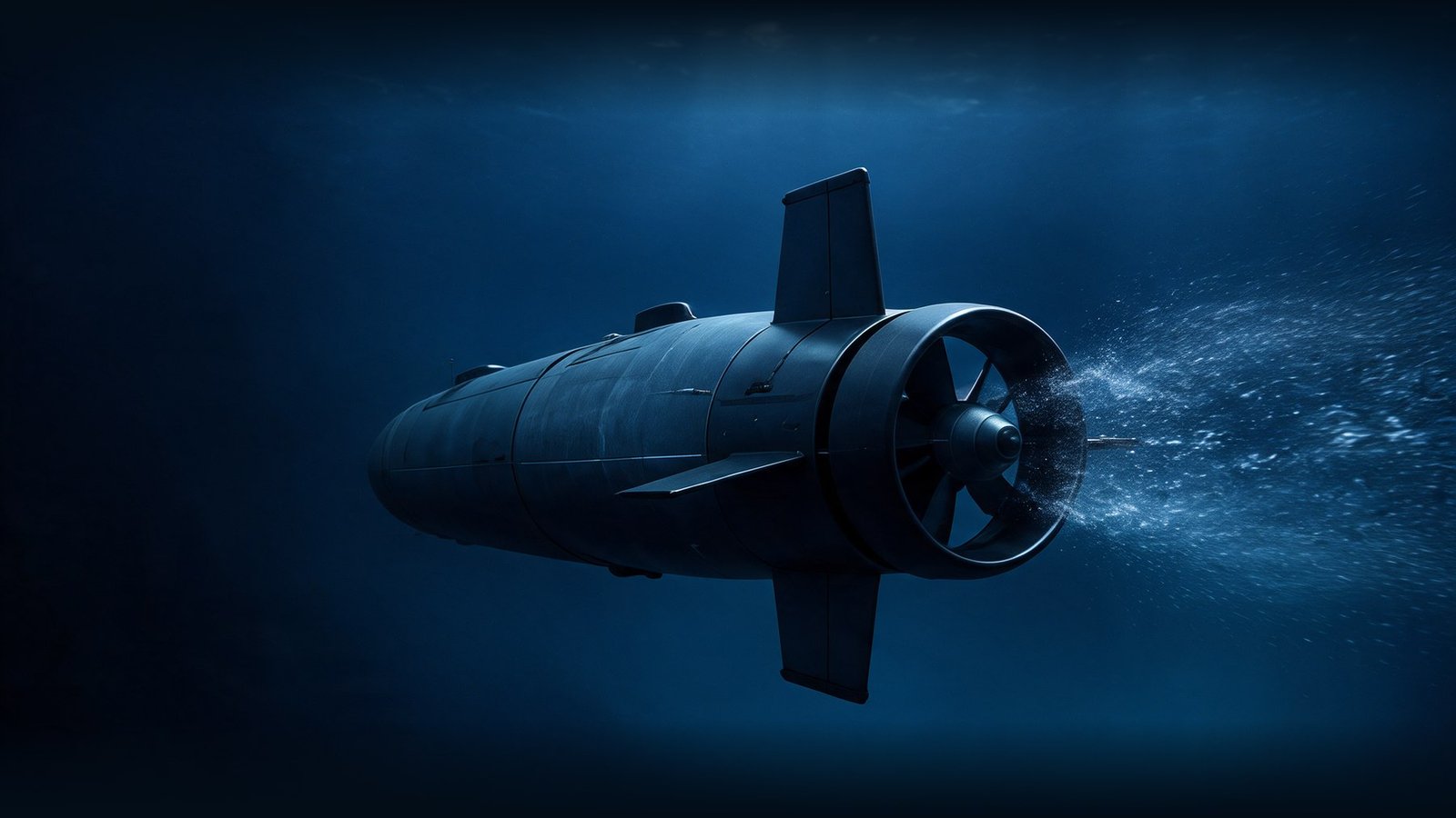 The ducted propeller turning at close range, the wake breaking into bubbles behind it.