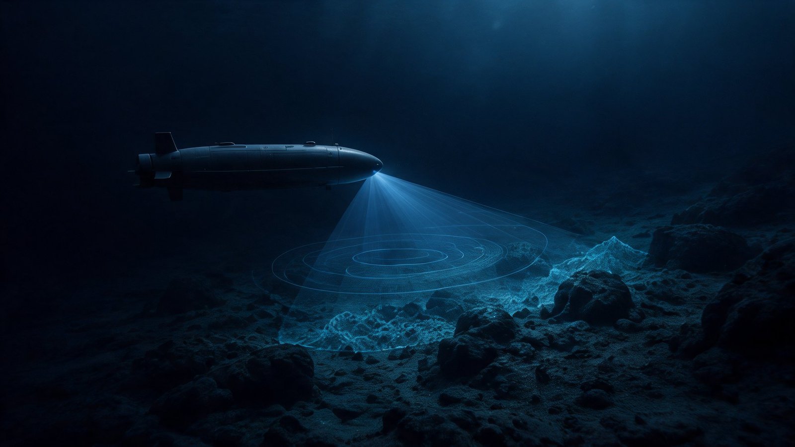 The vehicle sweeping a sonar fan across the seabed, the returns drawn as concentric rings.