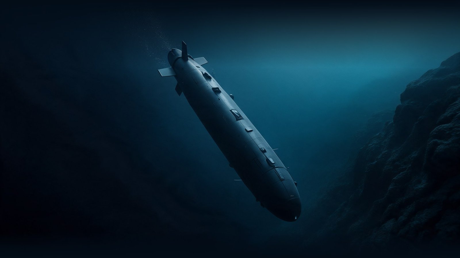 The vehicle in a steep descent alongside a rock face, bubbles trailing from its stern.