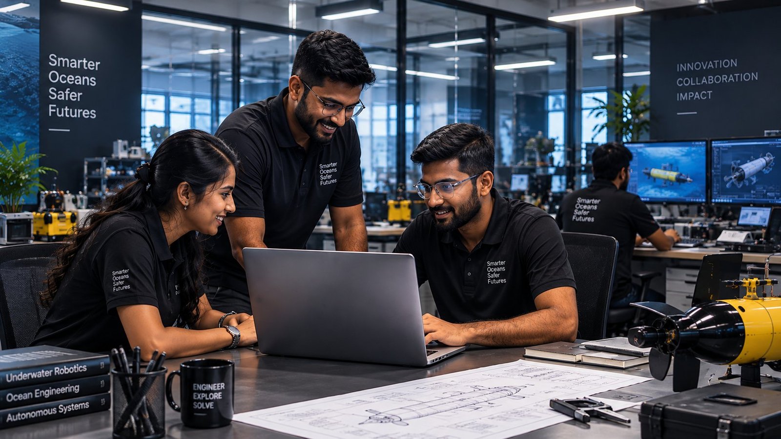 Three Xsub Robotics engineers reviewing an AUV design together on a laptop in the lab.